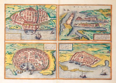 Kaart van Cagliari, Malta, Rhodos en Famagusta uit Civitates Orbis Terrarum door Georg Braun and Hogenberg Franz