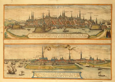 Kaart van Lübeck en Hamburg uit Civitates Orbis Terrarum door Georg Braun and Hogenberg Franz
