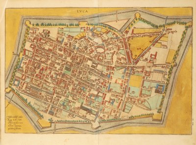 Kaart van Lucca uit Civitates Orbis Terrarum door Georg Braun and Hogenberg Franz
