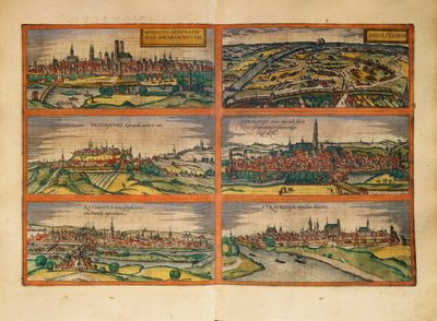Kaart van München, Ingolstadt, Freising, Nordlingen, Regensburg en Straubing, Duitsland, uit Civitates Orbis Terrarum door Georg Braun door Georg Braun and Hogenberg Franz