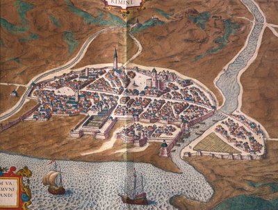 Kaart van Rimini, gekleurde gravure uit Civitates Orbis Terrarum door Georg Braun and Hogenberg Franz
