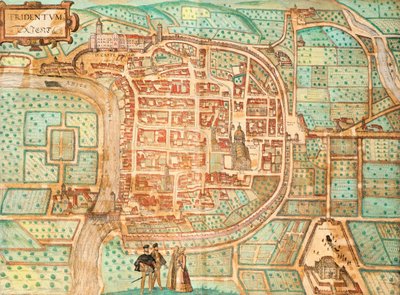 Kaart van Tridentum, vandaag Trente, gekleurde gravure uit Civitates Orbis Terrarum, Italië door Georg Braun and Hogenberg Franz