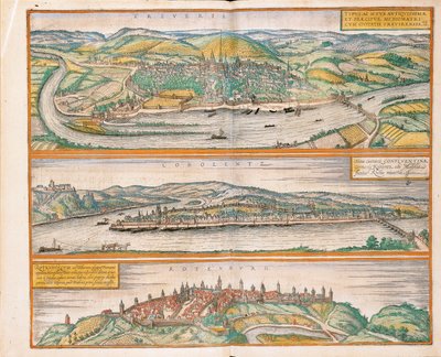 Kaart van Trier, Koblenz en Rothenburg ob der Tauber uit Civitates Orbis Terrarum door Georg Braun and Hogenberg Franz