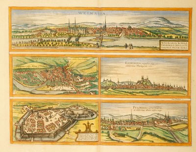 Kaart van Weimar, Jena, Erfurt, Gotha en Fulda uit Civitates Orbis Terrarum door Georg Braun and Hogenberg Franz