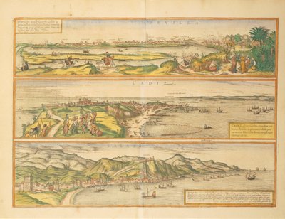 Kaarten van Sevilla, Cadiz en Malaga, Spanje, uit Civitates Orbis Terrarum door Georg Braun and Hogenberg Franz