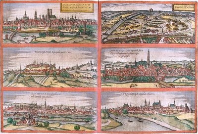 München, Ingolstadt, Freising, Nördlingen, Regensburg, Straubing, Duitsland door Georg and Hogenberg Franz (1535 90) Braun