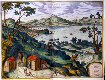 Napels, Posilipe en Vesuvius. Braun & Hogenberg, Amsterdam 1600. door Georg Braun and Hogenberg Franz