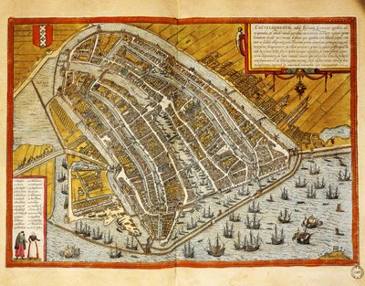 Nederland, Kaart van Amsterdam uit Civitates Orbis Terrarum door Georg Braun (1541-1622) en Franz Hogenberg (1535-1590), gravure door Georg Braun and Hogenberg Franz