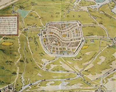 Nederland, kaart van Leiden stad en regio uit Civitates Orbis Terrarum door Georg Braun en Franz Hogenberg, Keulen, gravure door Georg Braun and Hogenberg Franz