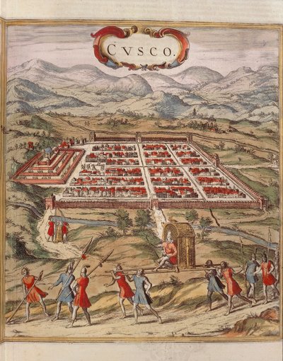 Peru, stad Cuzco, gravure door Georg Braun door Georg Braun and Hogenberg Franz