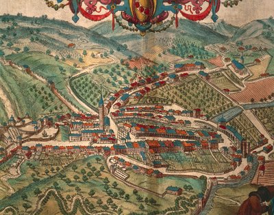 Serravalle Scrivia uit Civitates Orbis Terrarum door Georg Braun and Hogenberg Franz