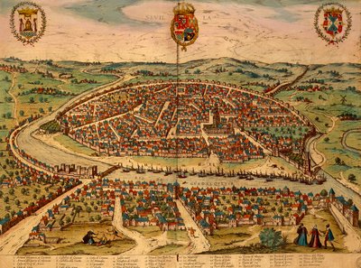 Spanje, Sevilla, Uitzicht op de stad, kleuren gravure uit Civitates Orbis Terrarum door Georg Braun en Franz Hogenberg door Georg Braun and Hogenberg Franz