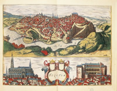 Spanje, Toledo, Stad Toledo uit Civitates Orbis Terrarum door Georg Braun en Franz Hogenberg, gravure door Georg Braun and Hogenberg Franz