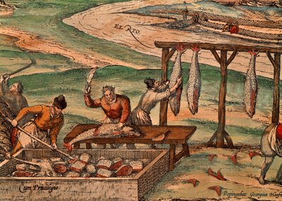 Tonijnverwerking, scène uit Civitates Orbis Terrarum door Georg Braun and Hogenberg Franz
