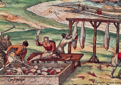 Tonijnverwerking, miniatuur uit de Civitates Orbis Terrarum door Georg Braun and Hogenberg Franz