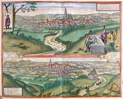 Caslav (Bohemen) en Chomutov, Tsjechië (gravure) door Georg Braun and Hogenberg Franz