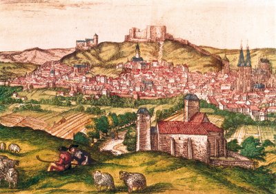 Stad Burgos in Spanje met herders en kudde schapen op de voorgrond (1576). Gravure in Civitatis Orbis Terrarum door Georg Braun and Hogenberg Franz