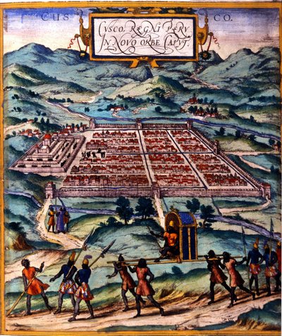 Cuzco, het belangrijkste centrum van de Inca-beschaving. Atlas van Braun & Hogenberg door Georg Braun and Hogenberg Franz
