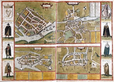 Galway, Dublin, Limerick en Cork, Ierland (gravure) door Georg Braun and Hogenberg Franz