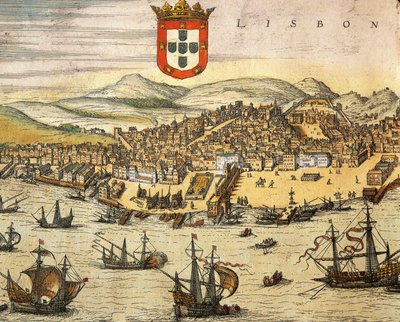 Kaart van de stad Lissabon, uit Civitates Orbis Terrarum door Georg Braun en Franz Hogenberg, gravure door Georg Braun and Hogenberg Franz