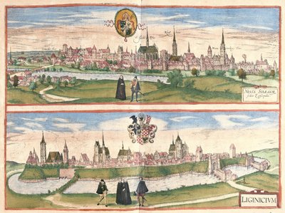 Nysa en Legnica (Lignica), Polen (gravure) door Georg Braun and Hogenberg Franz