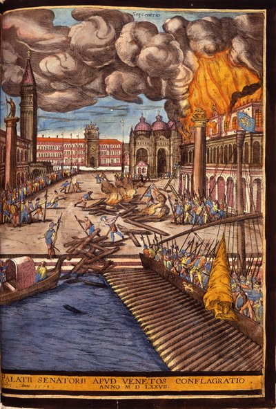 De Grote Brand van het Hertogelijk Paleis op het San Marcoplein in Venetië in 1577. Gravure door George Braun In “” Civitatis Orbis Terrarum”” Deel I geschreven door Franz Hogenberg door Georg Braun and Hogenberg Franz