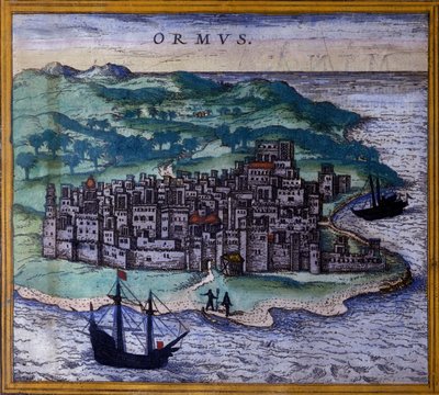 Het Iraanse eiland Ormuz of Hormuz op de route naar de Indes na de Atlas "Civitates Orbis Terrarum" van Braun en Hogenberg door Georg Braun and Hogenberg Franz