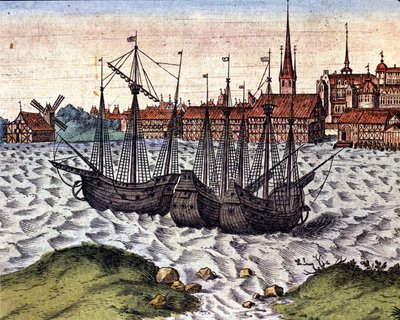 De haven van Lubeck na de Theatrum Orbis Terrarum van Braun en Hogenberg. 17e eeuw door Georg Braun and Hogenberg Franz