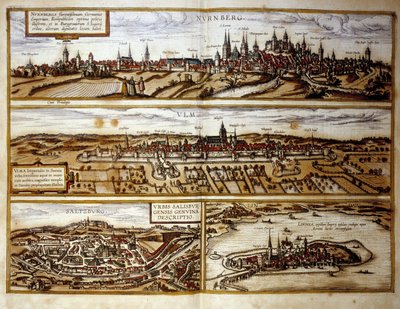 Uitzicht op de Duitse steden Neurenberg en Ulm, Salzburg, Oostenrijk. Gravure uit de Atlas van 