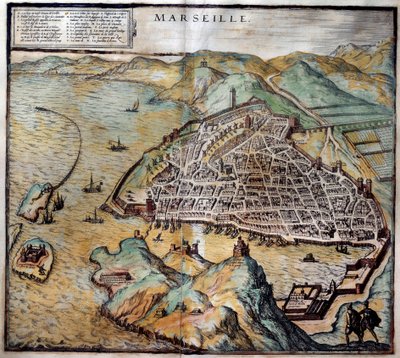 Uitzicht op de stad Marseille met stratenplan. Gravure uit de Atlas van Braun en Hogenberg 1572 Marseille, Musee de la Marine door Georg Braun and Hogenberg Franz