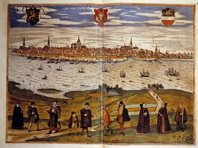 Uitzicht op de stad Roztock, Duitsland. Gravure uit de Atlas van 
