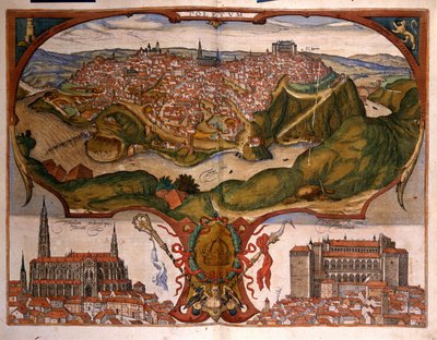 Uitzicht op de stad Toledo in de 16e eeuw. Gravure door George Braun in 