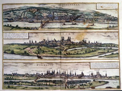 Zichten op drie steden in Duitsland: Heidelberg, Spire, Worms (Atlas van Braun en Hogenberg, 1550) door Georg Braun and Hogenberg Franz