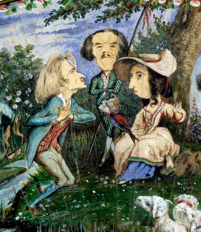 Waaier van karikaturen geschilderd in gouache door George Sand (Aurore Dupin, Baronne Dudevant) (1804-1876) en Auguste Charpentier (1815-1880): detail dat de schrijfster George Sand afbeeldt, omringd door Eugène Delacroix (midden) en Franz Liszt. 19e eeuw door George Sand