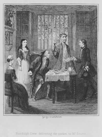 Randulph Crew levert het pakket af aan Mr Scarve door George (after) Cruikshank