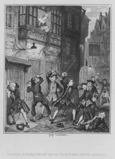Randulph verdedigt zich tegen Philip Frewin en zijn myrmidonen door George (after) Cruikshank