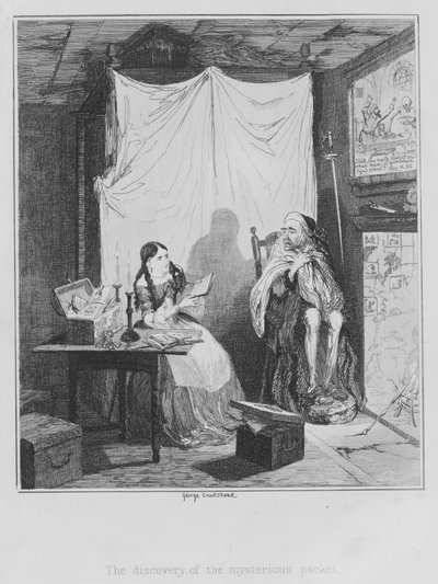 De ontdekking van het mysterieuze pakket door George (after) Cruikshank