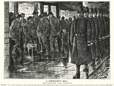 Punch cartoon: Een sympathieke ziel - politie in de sloppenwijken van Londen door George (after) Du Maurier