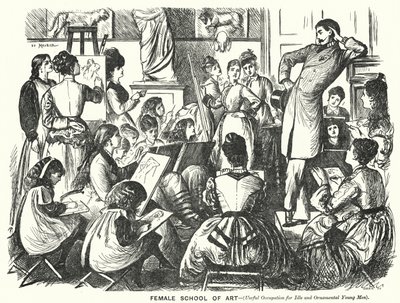 Punch cartoon: Vrouwelijke Kunstschool (Nuttige Bezigheid voor Luie en Decoratieve Jonge Mannen) door George (after) Du Maurier