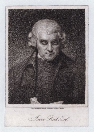 Isaac Reed, Engelse literaire redacteur en boekverzamelaar (gravure) door George (after) Romney