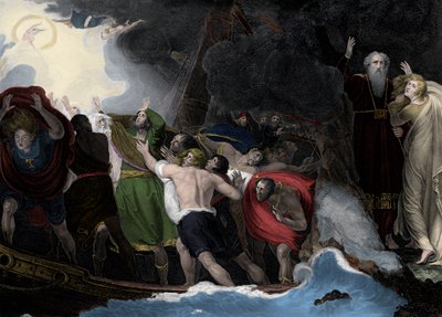 Prospero en Miranda, rechts, staand op het eiland terwijl de zeelieden schipbreuk lijden door George (after) Romney