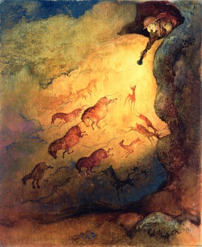 Mr Punch als grotverkenner die de dieren in Lascaux bang maakt, ongepubliceerde opdracht door Punch, 1968 door George Adamson