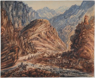Fort van Ali Musjeed, Khyber Pass Kamp van de 4e Brigade van Generaal Pollock, april 1842 door George Alfred Croly