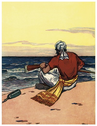 Een piraat achtergelaten op een verlaten eiland kijkt naar de horizon Illustratie uit 