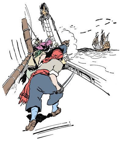 Een piratenschip achtervolgt een schip Illustratie uit 