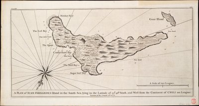 Een plan van Juan Fernandes Eiland in de Zuidzee, gelegen op de breedte van 33d. 40m. zuid, en west van het continent Chili 110 mijlen, c.1750 door George Anson