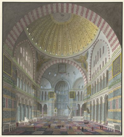 Interieur van de Aya Sophia met geknielde en staande Turken door George Antoine Prosper Marilhat
