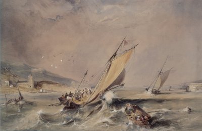 Kustscène: Boten bij de Ingang van een Haven door George Balmer