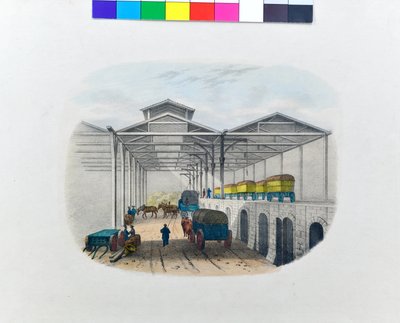 Uitzicht op overslagdepot voor vracht, ca. 1830 (litho op papier) door George Barnard