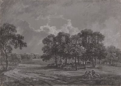 Parkscène met herten, vee en een groep figuren door George Barret